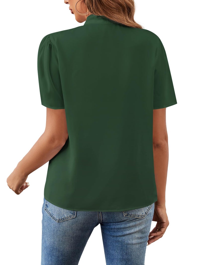 Rooscier Women's Bow Tie Knot Mock Neck Short Sleeve Elegant Workwear Blouse Shirt Top Dark Green Medium - Image 2