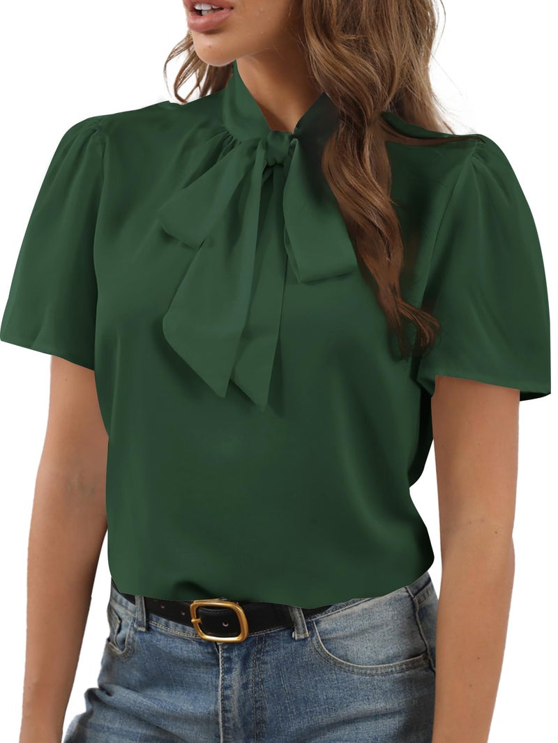Rooscier Women's Bow Tie Knot Mock Neck Short Sleeve Elegant Workwear Blouse Shirt Top Dark Green Medium - Image 1