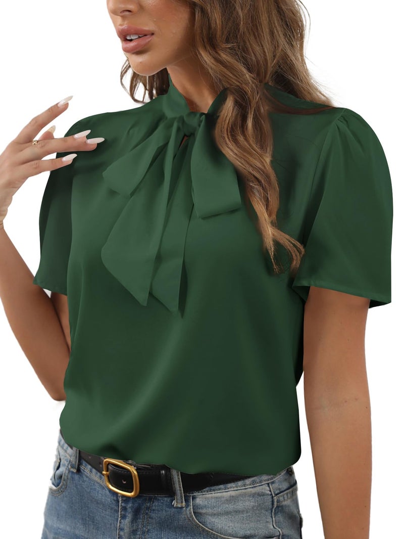 Rooscier Women's Bow Tie Knot Mock Neck Short Sleeve Elegant Workwear Blouse Shirt Top Dark Green Medium - Image 5