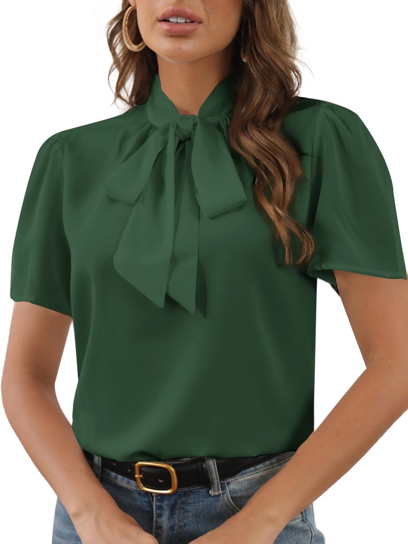 Rooscier Women's Bow Tie Knot Mock Neck Short Sleeve Elegant Workwear Blouse Shirt Top Dark Green Medium - Image 4