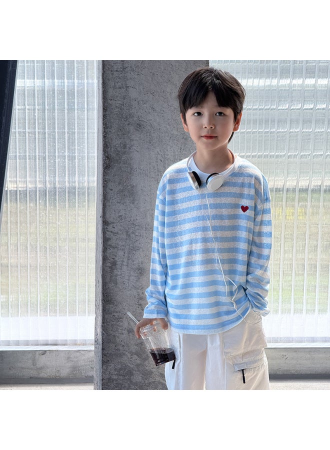 Summer Children's Long-sleeved Striped Sun-protective Shirt For Men And Women Middle And Big Children's Lightweight Tencel Embroidered T-shirt Trendy - Image 1