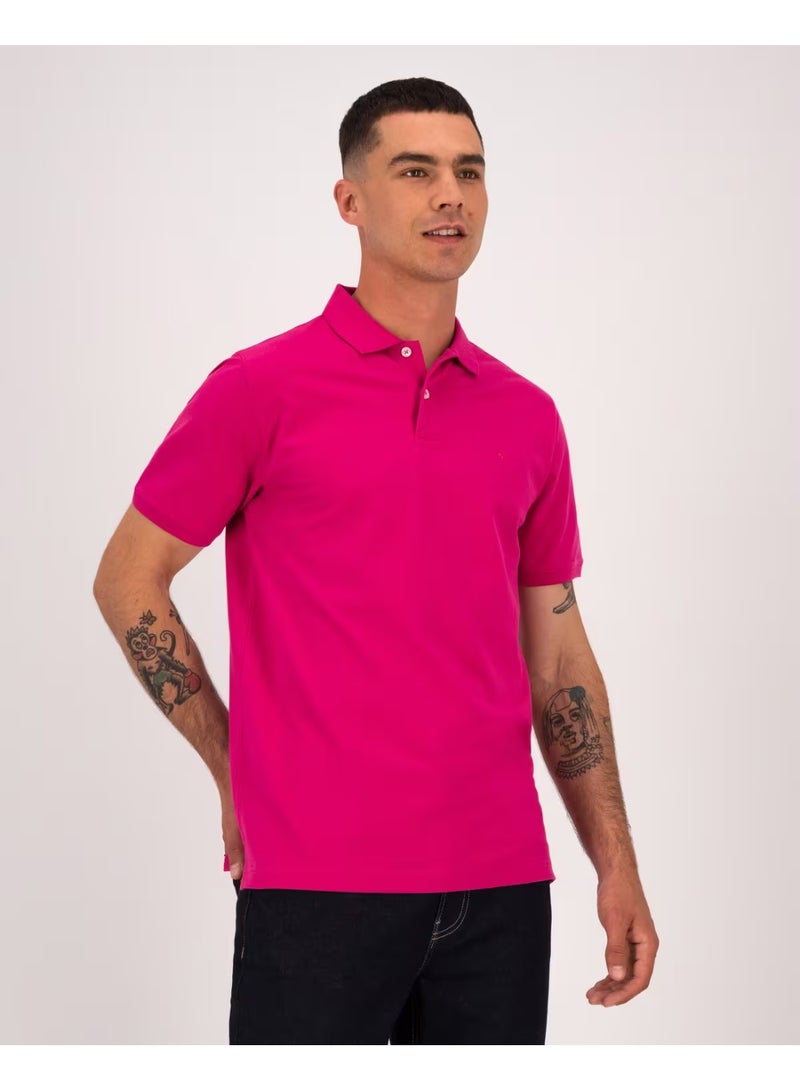 LOUD UNIVERSE Mens Dark Pink Plain Cotton Pique Summer Fabric Mens Polo Shirt - Image 1