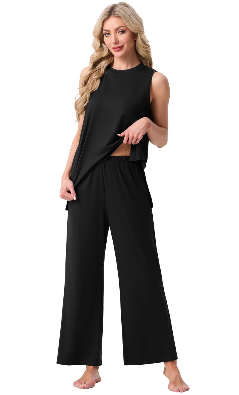 PrinStory Womens Pajamas Sets Lounge Sets for Women Sleeveless Pajama Set 2 Piece Pjs Soft Loungewear with Pockets Black-L - Image 4