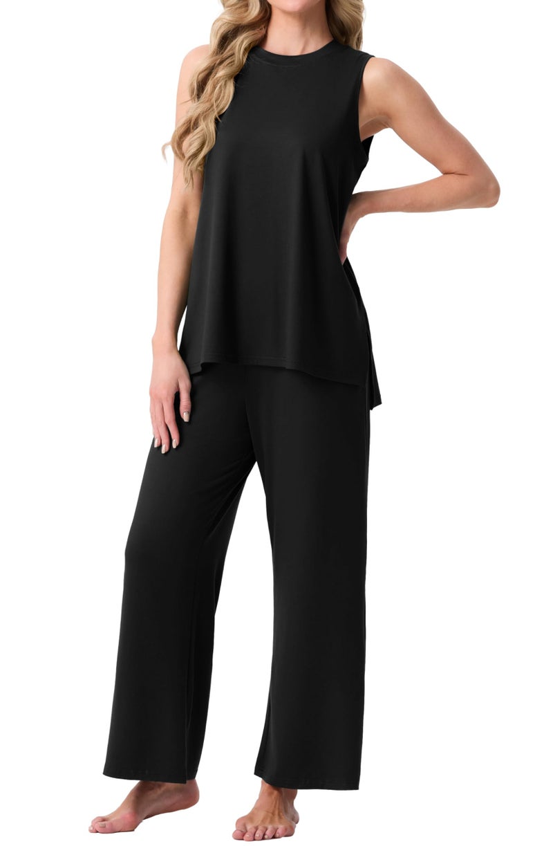 PrinStory Womens Pajamas Sets Lounge Sets for Women Sleeveless Pajama Set 2 Piece Pjs Soft Loungewear with Pockets Black-L - Image 2