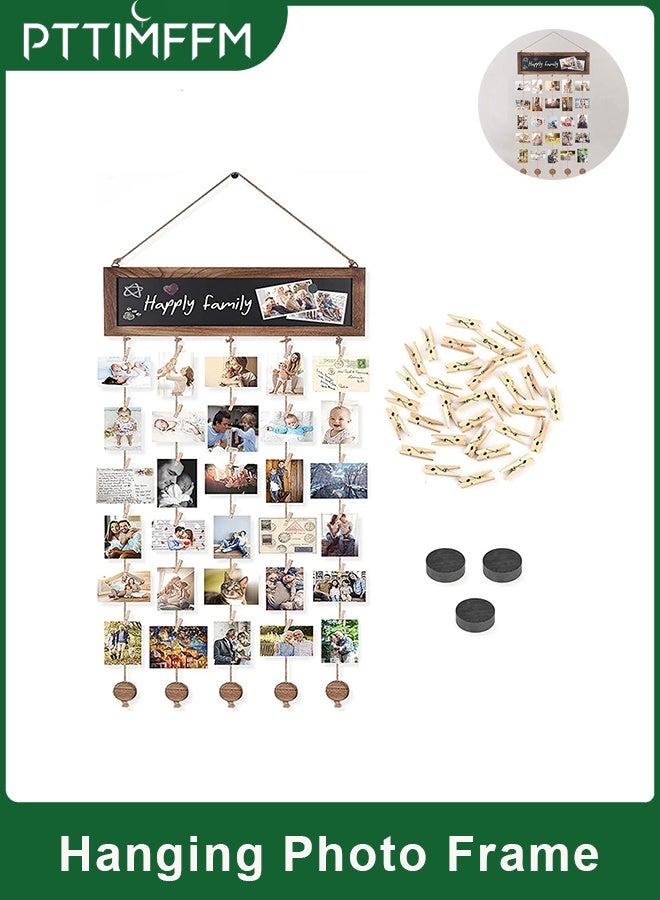 PTTIMFFM Carbonized Black Rustic Hanging Photo Frame Collage with Blackboard ，Wall & Dorm Décor with 30 Wooden Clips for Multiple Pictures - Image 1