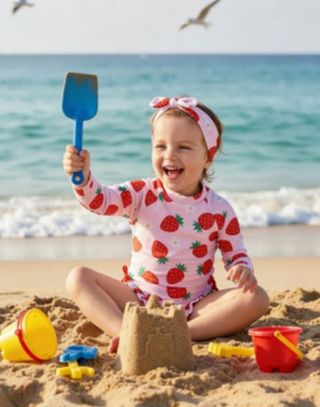 Renotemy Baby Girl Swimsuit 6-9 Months Drawstring Bow Back Zipper Bathing Suit Gifts Infant Girls 9-12 Months Pink Ruffle Summer Beach Essentials Long Sleeve One-Piece Rash Guard Swimwear with Hat - Image 3