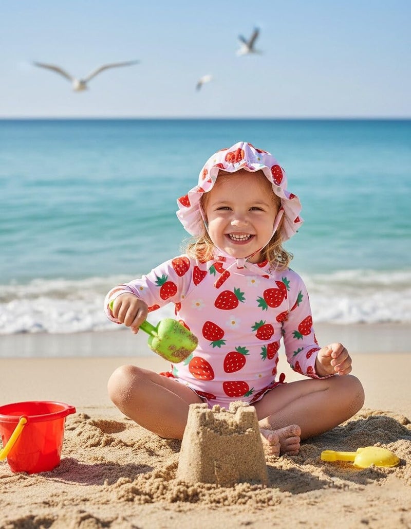 Renotemy Baby Girl Swimsuit 6-9 Months Drawstring Bow Back Zipper Bathing Suit Gifts Infant Girls 9-12 Months Pink Ruffle Summer Beach Essentials Long Sleeve One-Piece Rash Guard Swimwear with Hat - Image 2