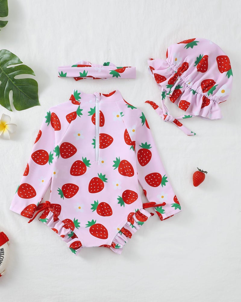Renotemy Baby Girl Swimsuit 6-9 Months Drawstring Bow Back Zipper Bathing Suit Gifts Infant Girls 9-12 Months Pink Ruffle Summer Beach Essentials Long Sleeve One-Piece Rash Guard Swimwear with Hat - Image 5
