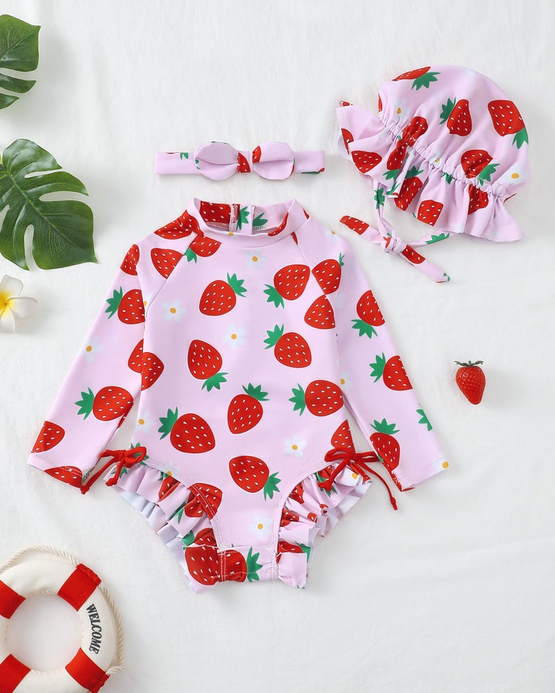 Renotemy Baby Girl Swimsuit 6-9 Months Drawstring Bow Back Zipper Bathing Suit Gifts Infant Girls 9-12 Months Pink Ruffle Summer Beach Essentials Long Sleeve One-Piece Rash Guard Swimwear with Hat - Image 4
