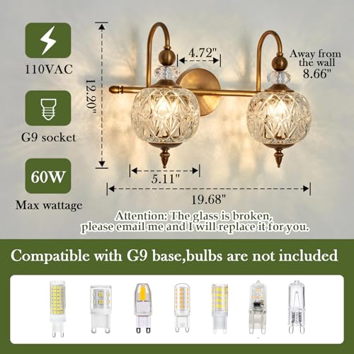 Piepooye Vintage Bathroom Light Fixtures Gold Vanity Light with Glass Globe LampShade 2 Lights Mid Century G9 Bulb Wall Sconce Indoor Vanity Light Over Mirror for Bedroom Farmhouse Hallway - Image 2