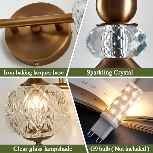 Piepooye Vintage Bathroom Light Fixtures Gold Vanity Light with Glass Globe LampShade 2 Lights Mid Century G9 Bulb Wall Sconce Indoor Vanity Light Over Mirror for Bedroom Farmhouse Hallway - Image 3