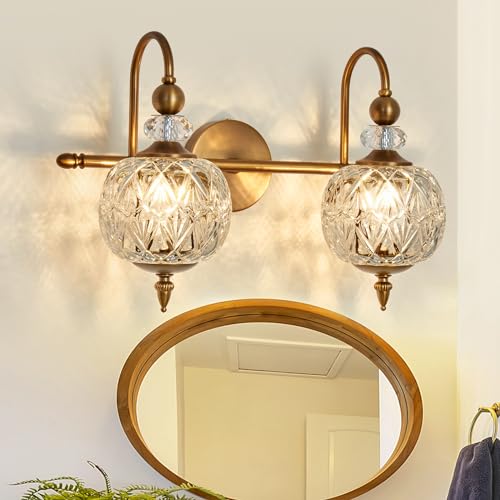 Piepooye Vintage Bathroom Light Fixtures Gold Vanity Light with Glass Globe LampShade 2 Lights Mid Century G9 Bulb Wall Sconce Indoor Vanity Light Over Mirror for Bedroom Farmhouse Hallway - Image 1