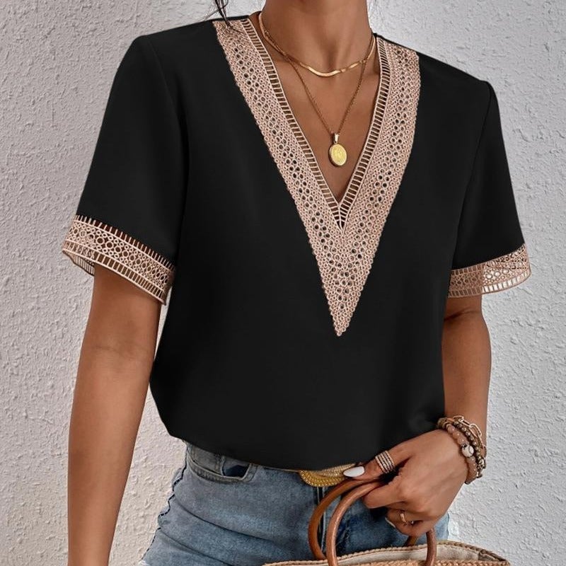 Women's Lace Trim Short Sleeve T-Shirt - Image 2