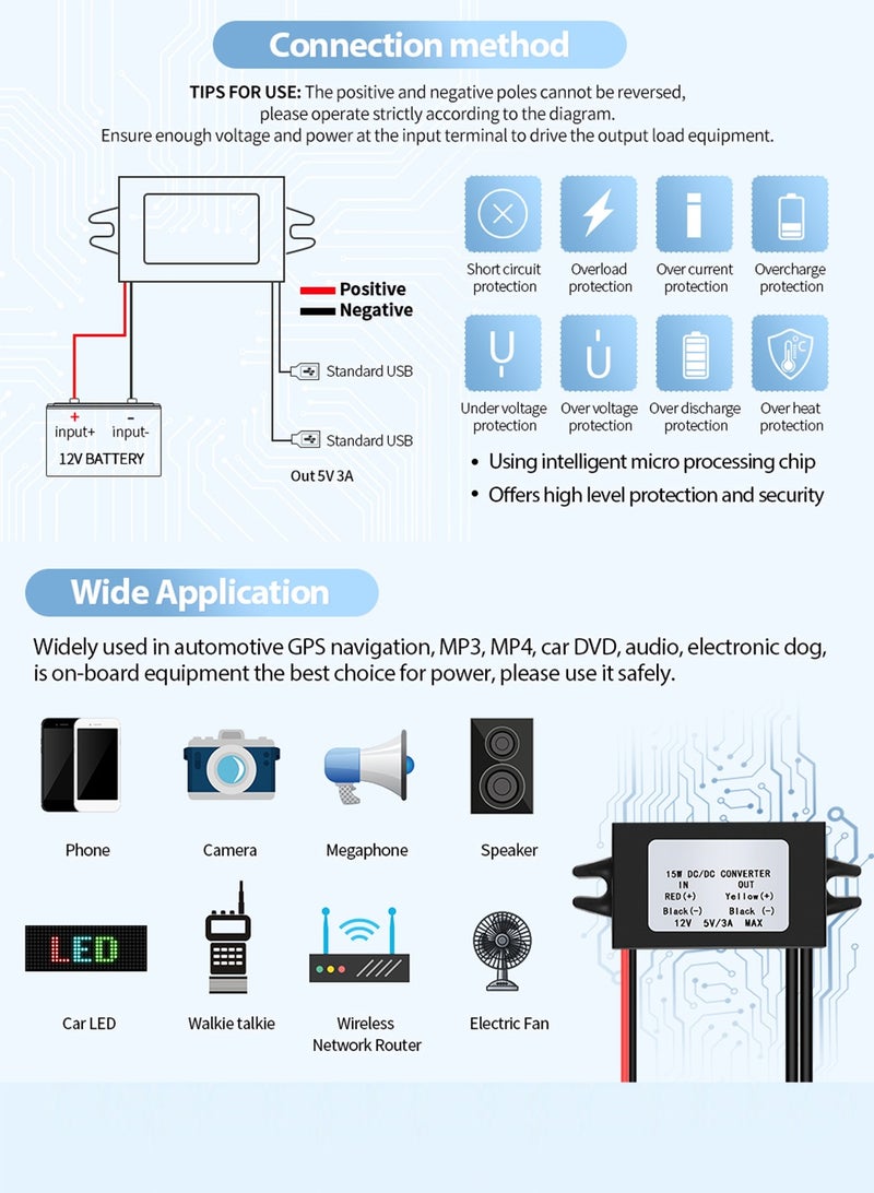 سانموجيد محول تيار مستمر من 12 فولت إلى 5 فولت 3 أمبير 15 واط، وحدة باك تيار مستمر، منظم جهد مخفض، محول طاقة السيارة، محول طاقة الإخراج - Image 4