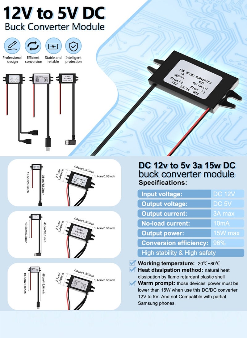 سانموجيد محول تيار مستمر من 12 فولت إلى 5 فولت 3 أمبير 15 واط، وحدة باك تيار مستمر، منظم جهد مخفض، محول طاقة السيارة، محول طاقة الإخراج - Image 2