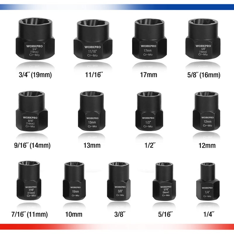 WORKPRO 15 Pieces Impact Bolt & Nut Remover Set, 3/8â€ Drive Bolt Extractor for Removing Stripped, Damaged, Rounded off and Rusted Bolts & Nuts - Image 2