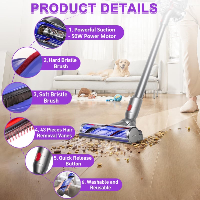 Lemige V8 V11 Vacuum Attachments Head Replacement Parts for Dyson V7 V8 V11 V15 Animal V10 Cyclone Cordless Vacuum Cleaner, Upgrade Anti-Tangle Quick Release Motor-Head Brush Roller with Power Suction - Image 5
