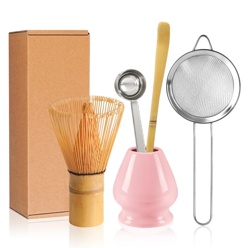 Matcha Whisk Set Matcha Making Kit Bamboo Chasen Ceramic Whisk Holder Stand Sifter Scoop Japanese Tea Tools Solid Pink