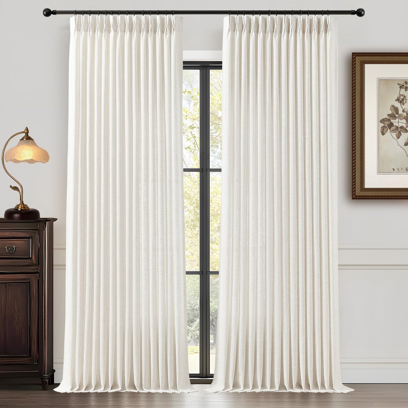 YZ HOME 90 Inch Curtains Pinch Pleated Linen Curtain for Living Room, Floor to Ceiling Light Filtering Pleat Drapes Natural Textured Thick Semi-Sheer Window Curtains with Hooks for Bedroom Farmhouse, 