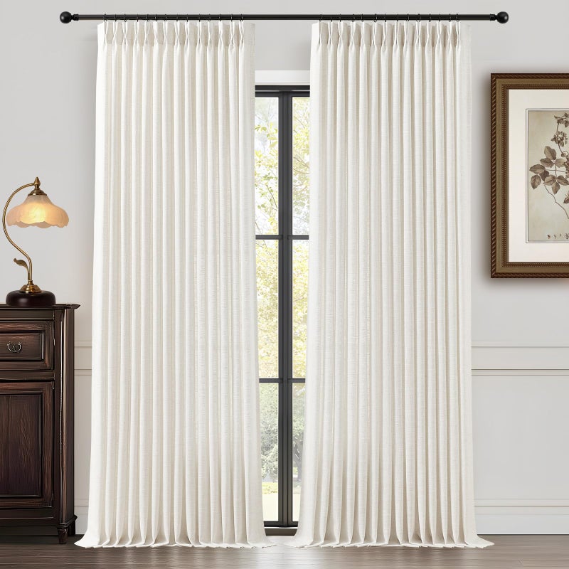 YZ HOME 90 Inch Curtains Pinch Pleated Linen Curtain for Living Room, Floor to Ceiling Light Filtering Pleat Drapes Natural Textured Thick Semi-Sheer Window Curtains with Hooks for Bedroom Farmhouse, 2 Panels - Image 1