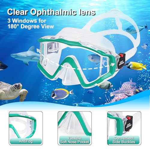 EXP VISION Snorkel Set Pano 3 Window Adult Snorkeling Gear Professional Snorkel Goggles AntiFog Diving Mask AntiLeak Swim Goggles and Dry Top Snorkel for Diving Snorkeling Swimming Aqua - Image 3