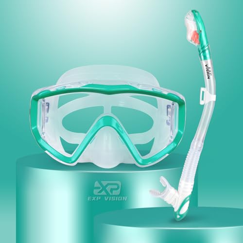 EXP VISION Snorkel Set Pano 3 Window Adult Snorkeling Gear Professional Snorkel Goggles AntiFog Diving Mask AntiLeak Swim Goggles and Dry Top Snorkel for Diving Snorkeling Swimming Aqua - Image 1