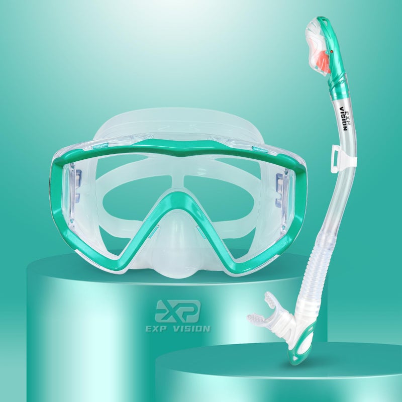 EXP VISION Snorkel Set Pano 3 Window Adult Snorkeling Gear Professional Snorkel Goggles AntiFog Diving Mask AntiLeak Swim Goggles and Dry Top Snorkel for Diving Snorkeling Swimming Aqua - Image 2