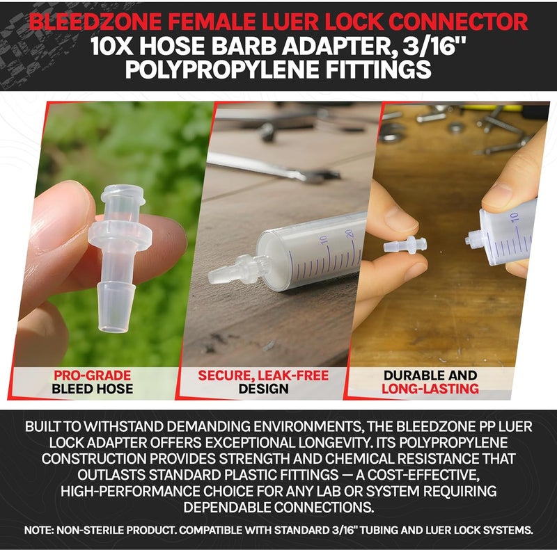 BleedZone Female Luer Lock Connector - 10x Hose Barb Adapter, PP Polypropylene Hose, 3/16" Hose Barb Fittings - Image 2