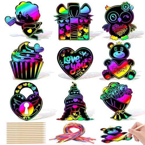 JULMELON Valentine Crafts for Kids 36 Pack Heart Shape Scratch Art Paper Crafts Kit Magic Rainbow Scratch Cards Hang Tags Goody Bag Stuffers Valentines Day Gifts for Kids - Image 1