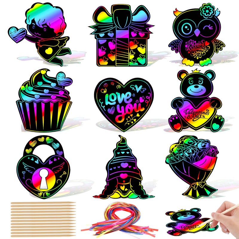 JULMELON Valentine Crafts for Kids 36 Pack Heart Shape Scratch Art Paper Crafts Kit Magic Rainbow Scratch Cards Hang Tags Goody Bag Stuffers Valentines Day Gifts for Kids - Image 3