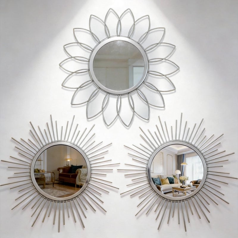 HMANGE Boho Sunburst Wall Mirror Set of 3 12 Inch Round Antique Modern Metal Wall Art Hanging Over The Door Mirrors for Wall Decor in Living Room Bedroom Bathroom EntrywaySliver - Image 2
