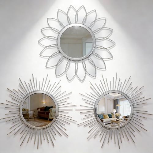HMANGE Boho Sunburst Wall Mirror Set of 3 12 Inch Round Antique Modern Metal Wall Art Hanging Over The Door Mirrors for Wall Decor in Living Room Bedroom Bathroom EntrywaySliver - Image 1
