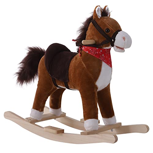 Qaba Kids Ride on Rocking Horse Plush Toy with Realistic Sounds and Red Scarf for Over 3 Years Old Birth Gift - Image 1