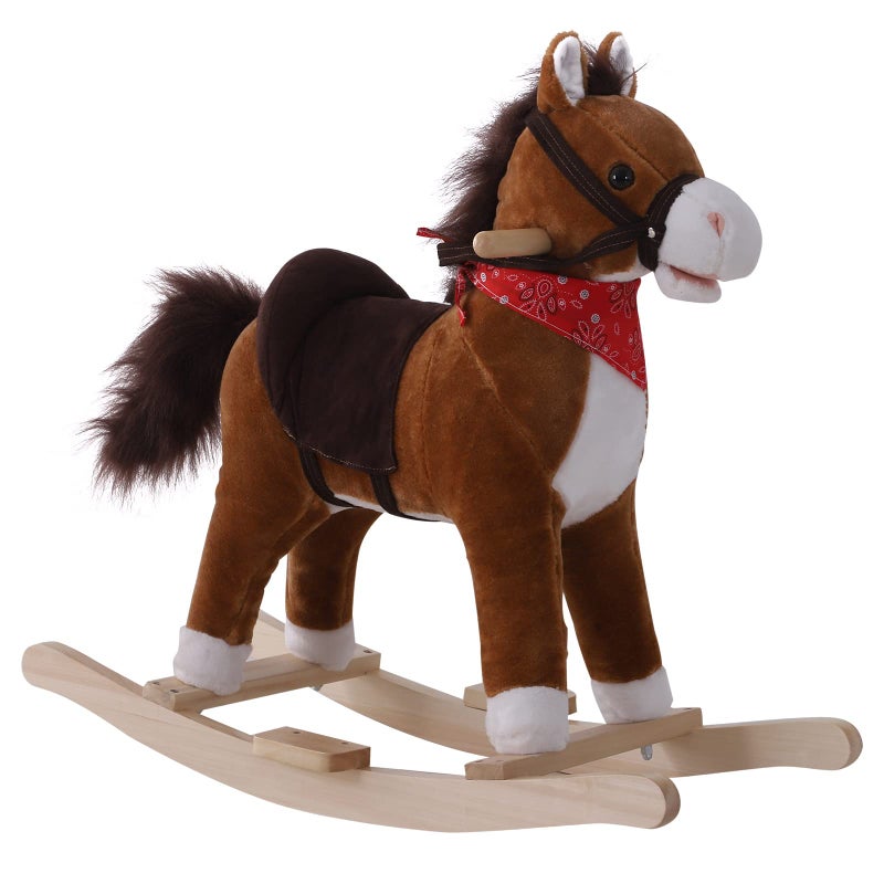 Qaba Kids Ride on Rocking Horse Plush Toy with Realistic Sounds and Red Scarf for Over 3 Years Old Birth Gift - Image 2