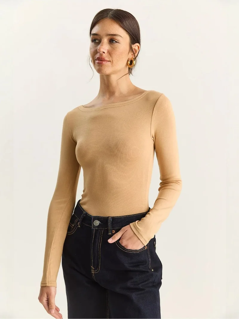 Bianco Lucci Beige Natural LUCCI Fitted Basic Top for Women | Best Price UAE