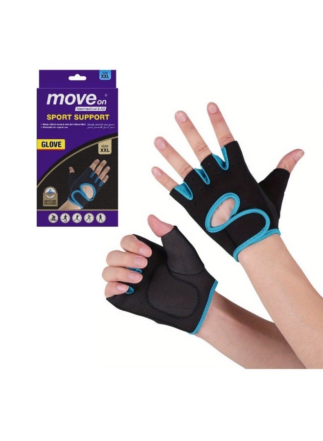 Move On Sport Support Gloves, XXL Size, Black with Blue Trim, Fingerless Design, Moisture Releasing, for Muscle and Joint Support - Image 1