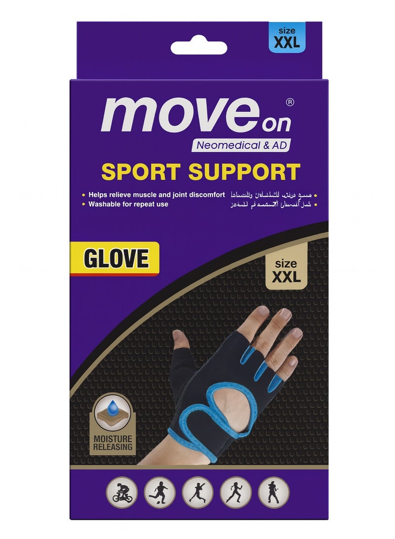 Move On Sport Support Gloves, XXL Size, Black with Blue Trim, Fingerless Design, Moisture Releasing, for Muscle and Joint Support - Image 5