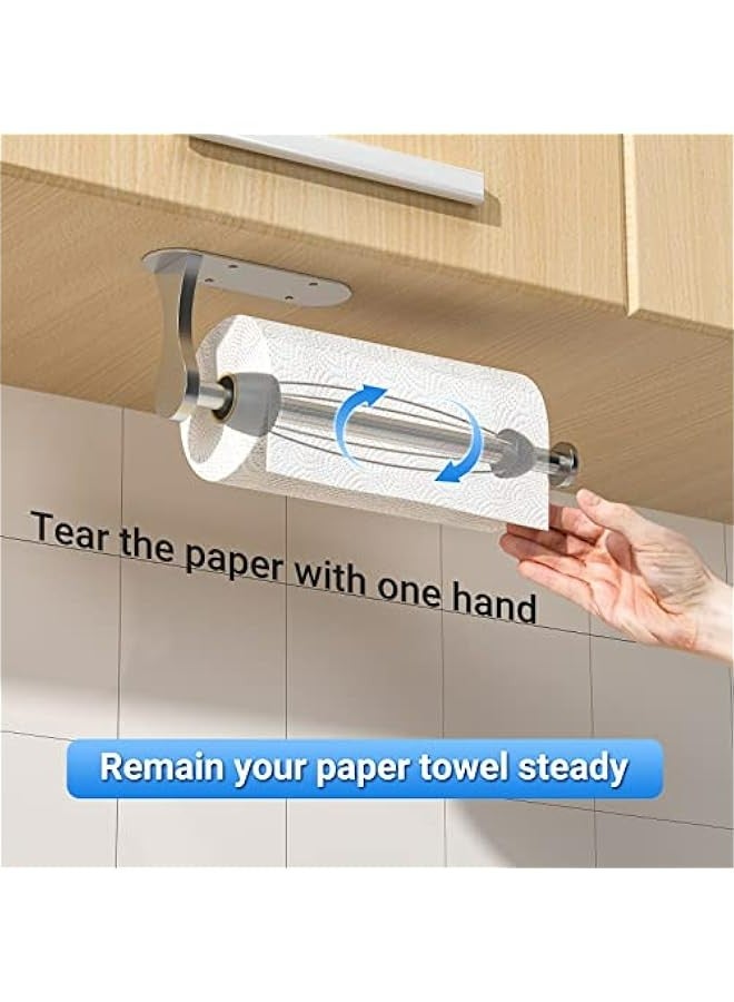 Stainless Steel Under Cabinet Paper Towel Holder with One-Handed Tear, Wall Mount Adhesive, Silver Farmhouse Decor, Ratchet Mechanism Kitchen Bathroom Roll Holder. - Image 2
