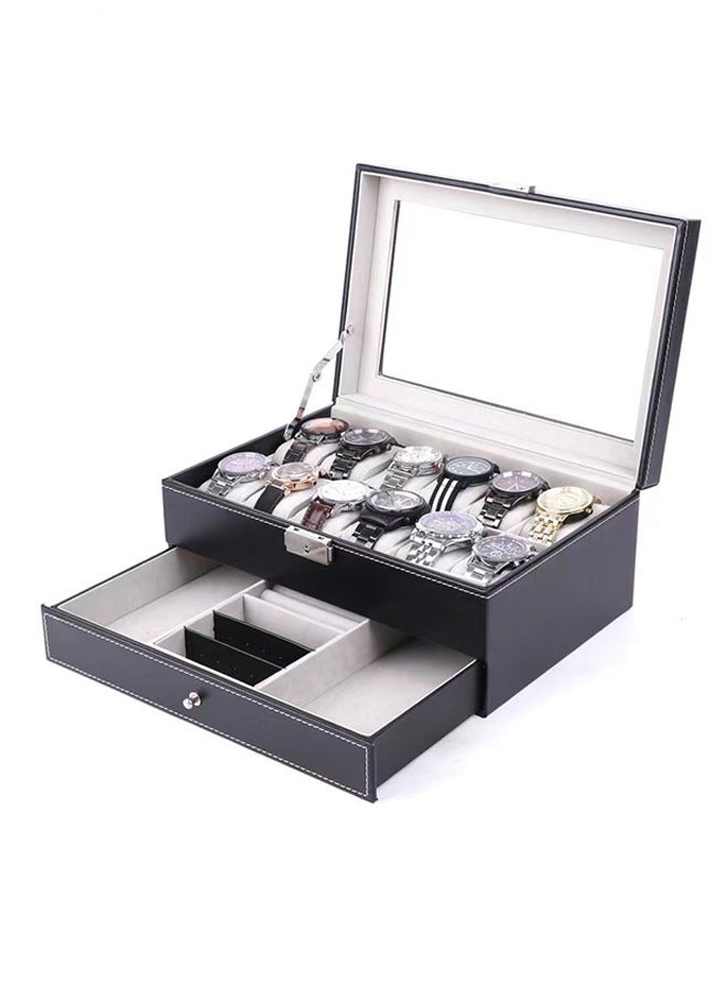 12 Position Double Layer High Grade Watch Box,Multi-Position Leather Transparent Window Watch Display Box,Vintage Business High Grade Watch Storage Box,Leather Watch Box Watch Storage Box,Wristwatch Display Box,Jewelry Bracelet One Piece Box - Image 2