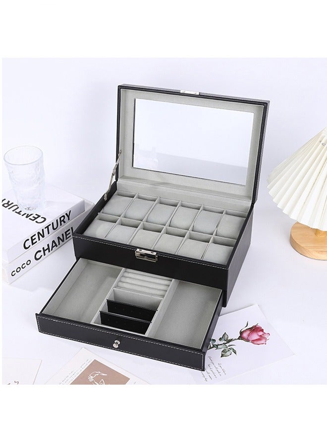 12 Position Double Layer High Grade Watch Box,Multi-Position Leather Transparent Window Watch Display Box,Vintage Business High Grade Watch Storage Box,Leather Watch Box Watch Storage Box,Wristwatch Display Box,Jewelry Bracelet One Piece Box - Image 3