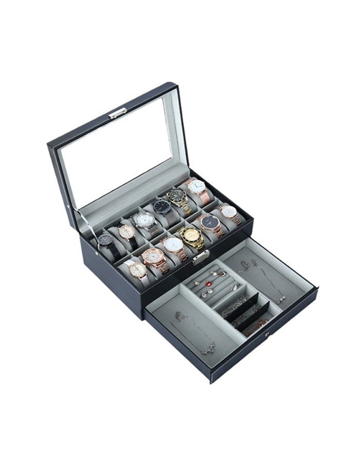 12 Position Double Layer High Grade Watch Box,Multi-Position Leather Transparent Window Watch Display Box,Vintage Business High Grade Watch Storage Box,Leather Watch Box Watch Storage Box,Wristwatch Display Box,Jewelry Bracelet One Piece Box - Image 5