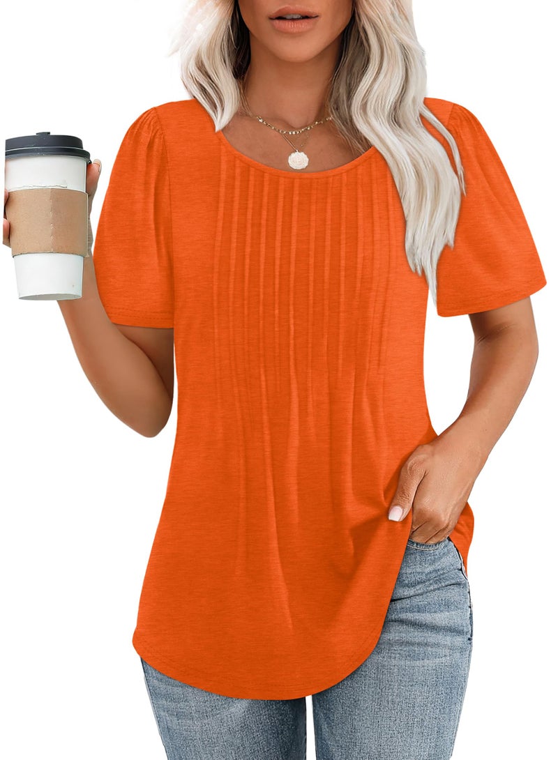 OFEEFAN Womens Summer Tops Cute Solid Plain Short Sleeve Dressy Casual T Shirts Curved Hemline Shirts Women's Clothing Orange XL - Image 1