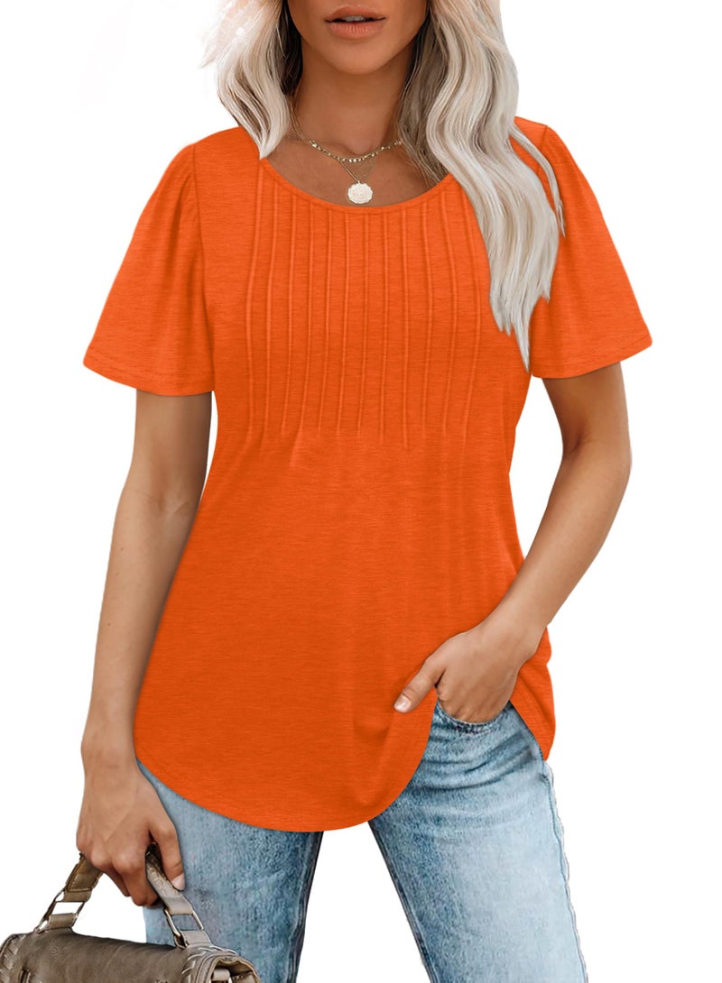 OFEEFAN Womens Summer Tops Cute Solid Plain Short Sleeve Dressy Casual T Shirts Curved Hemline Shirts Women's Clothing Orange XL - Image 2