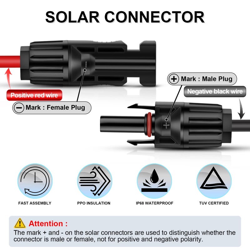 iGreely Solar Panel Extension Cable - 10 Feet 10AWG(6mmÂ²) Solar Extension Cable with Female and Male Connector Solar Panel Wiring Wire Adapter (10FT Red + 10FT Black) - Image 2