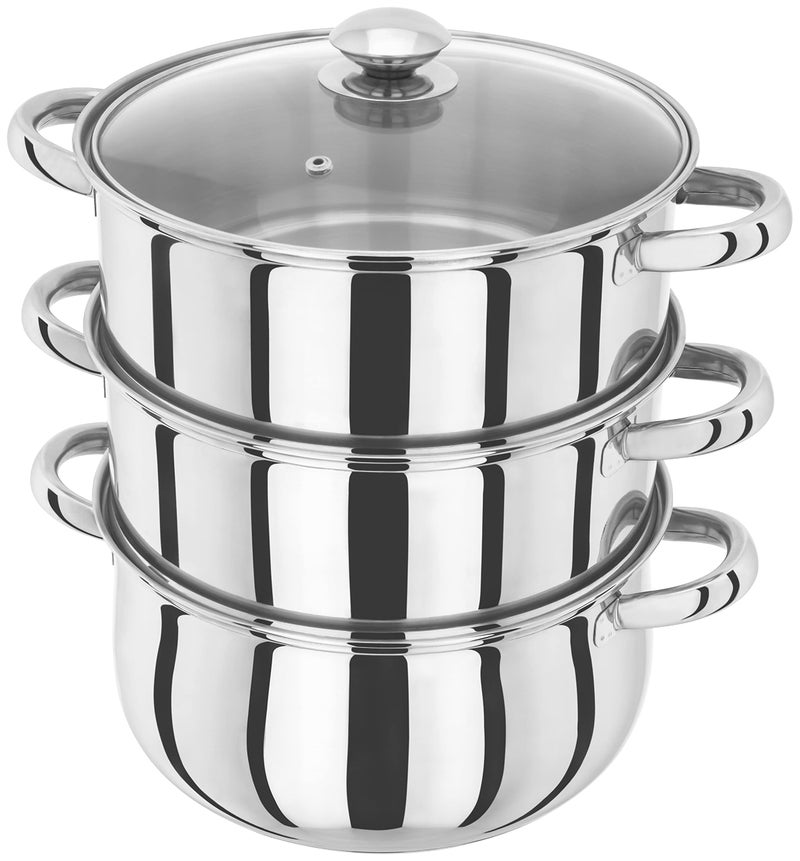 Judge Essentials Stainless Steel 3 Tier Steamer 24cm Vented Glass Lid Integral Casserole Pot Oven Safe Induction Ready