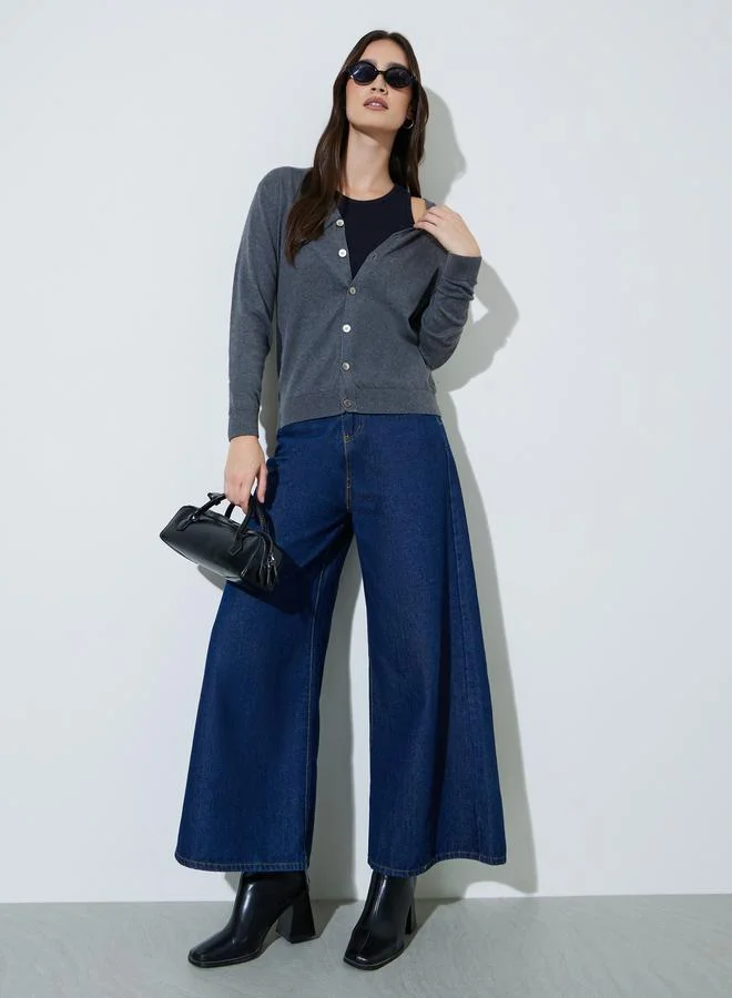 Styli Charcoal Solid Button Down Regular Fit Cardigan
