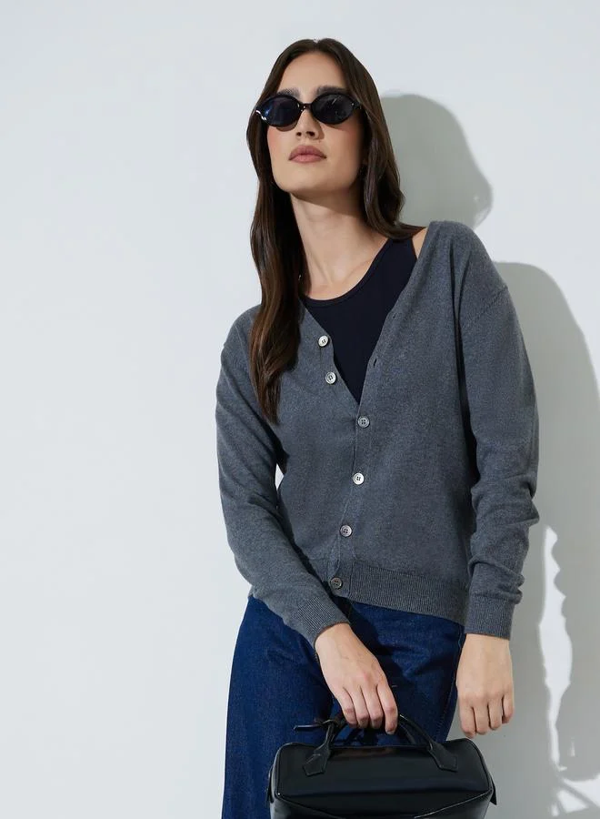 Styli Charcoal Solid Button Down Regular Fit Cardigan
