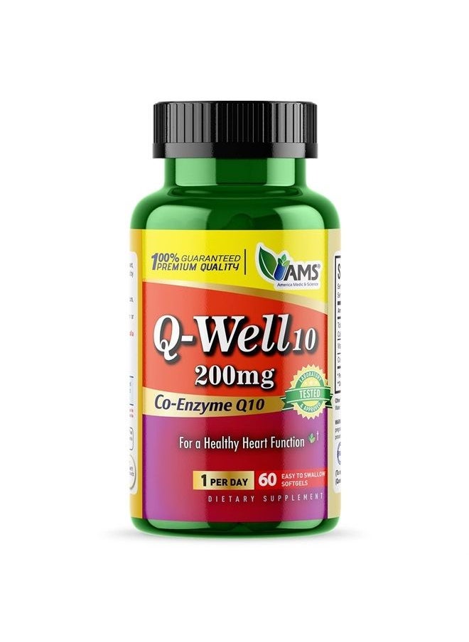 America Medic & Science - Q-Well-10 (60 Count) |  CoQ10 200mg Softgels | Nutritional Supplement with Coenzyme Q10 and Vitamin E | High Absorption Antioxidant for Enhanced Wellness and Heart Health - Image 1