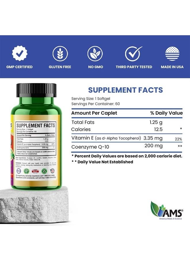 America Medic & Science - Q-Well-10 (60 Count) |  CoQ10 200mg Softgels | Nutritional Supplement with Coenzyme Q10 and Vitamin E | High Absorption Antioxidant for Enhanced Wellness and Heart Health - Image 1