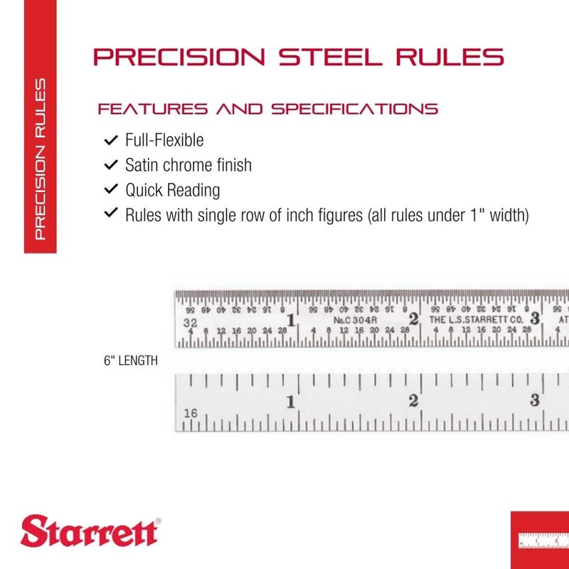 Starrett Starrett Full Flexible Steel Rule with Satin Chrome Finish Quick Reading and Inch Graduations  6 Length 4R Graduation Type 164 Thickness  C304R6  - Image 2